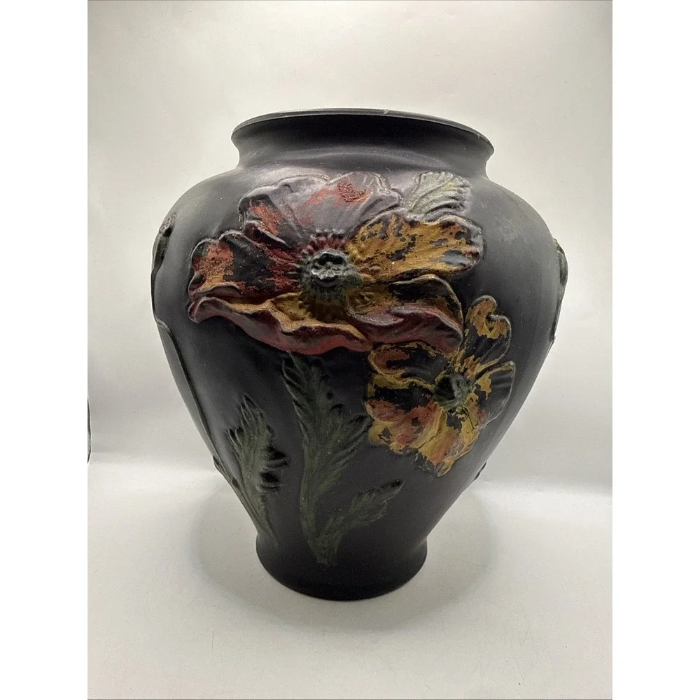 Antique 1920 Tiffin Black Satin 3D Coralene red orange & yellow Poppy glass Vase